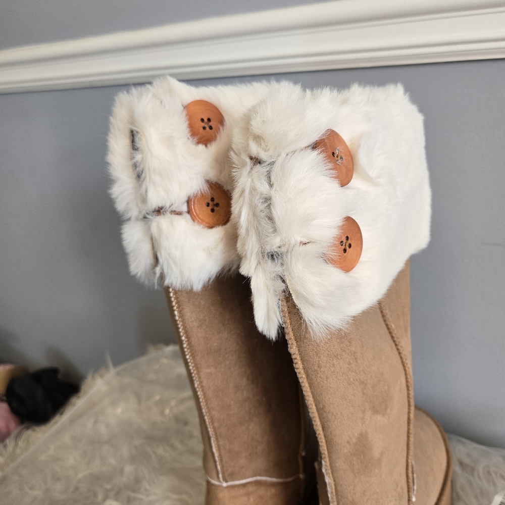 Tall Faux-Fur Cuff Tan Suede Boot - Picture 4 of 5